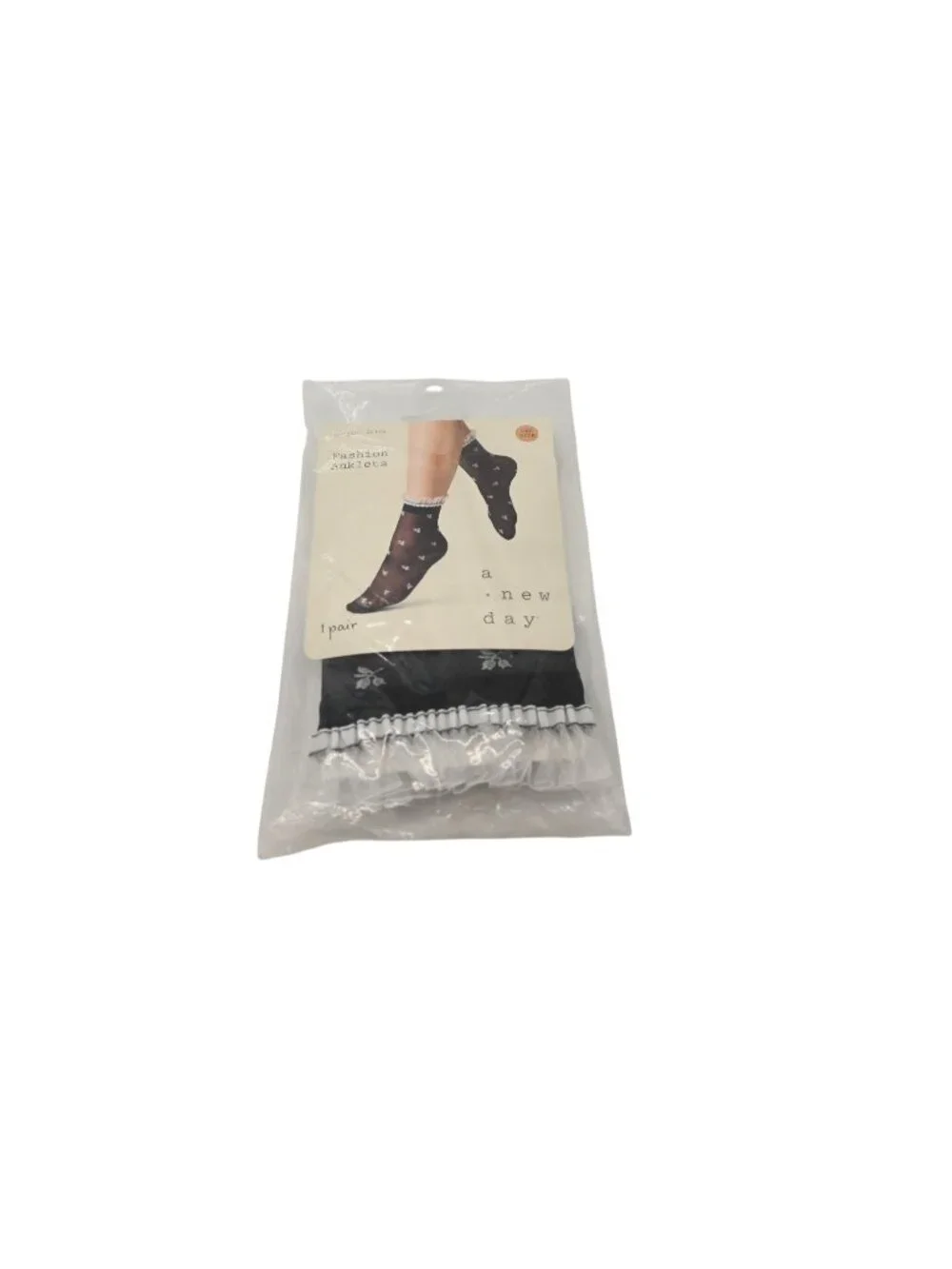 NIP A New Day Fashion Anklets 1 Pair One Size Black White Floral Ruffle Socks